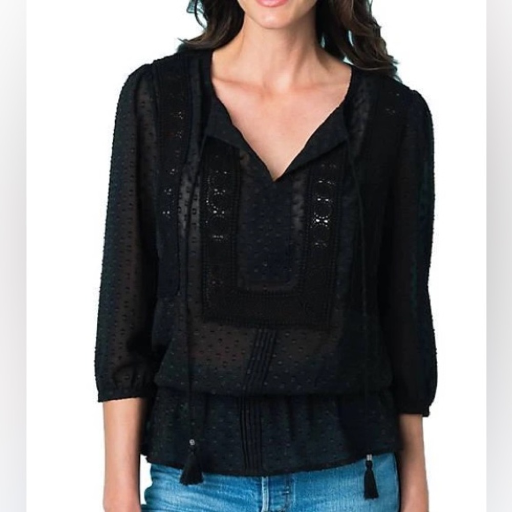DR2 By Daniel Rainn Black Women's Sheer Peasant Blouse with Tassels